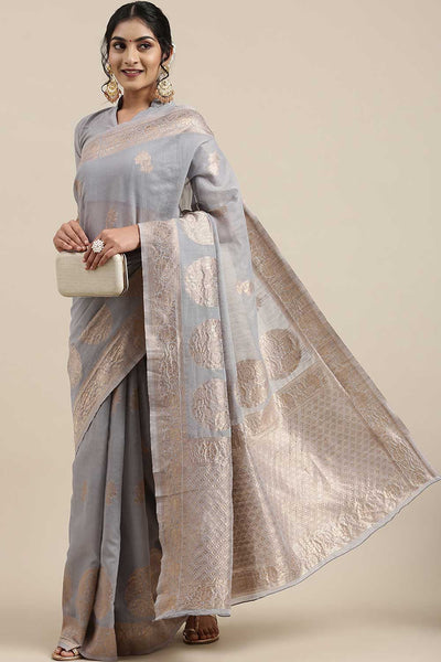 Buy Mary Grey Floral Woven Linen One Minute Saree Online