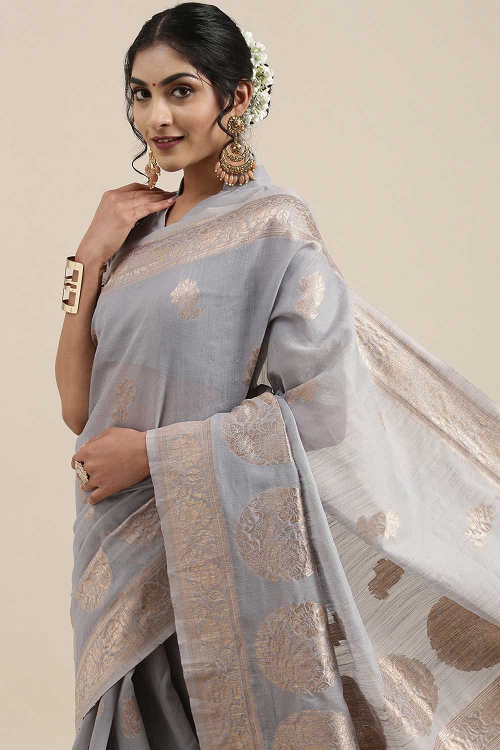 Buy Mary Grey Floral Woven Linen One Minute Saree Online - Back