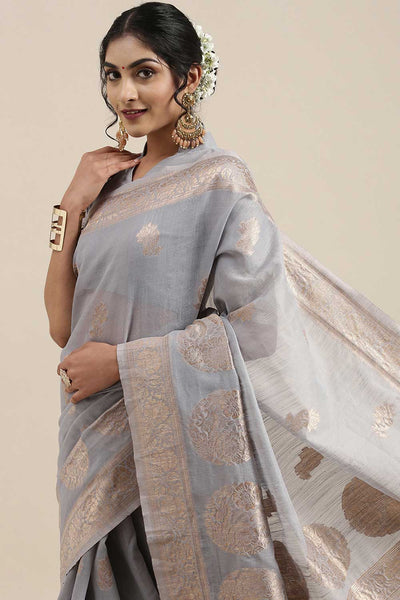 Mary Grey Floral Woven Linen One Minute Saree