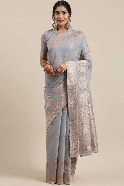 Buy Mary Grey Floral Woven Linen One Minute Saree Online - One Minute Saree