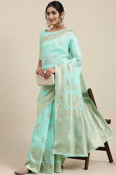 Buy Marie Sea Green Floral Woven Linen One Minute Saree Online