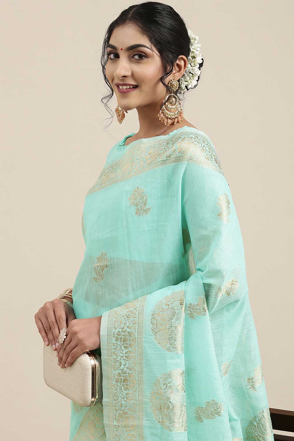 Buy Marie Sea Green Floral Woven Linen One Minute Saree Online - Back