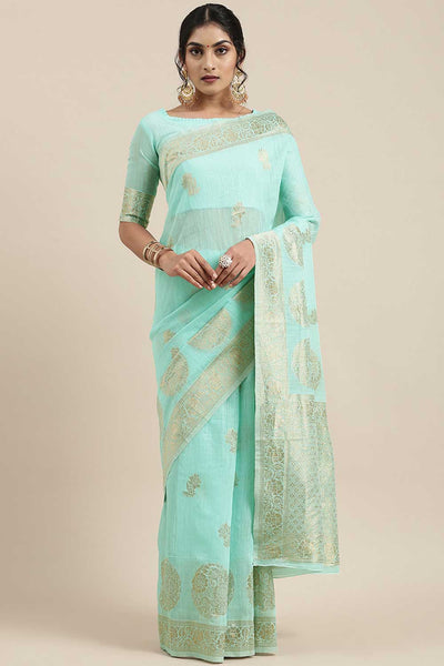 Buy Marie Sea Green Floral Woven Linen One Minute Saree Online - One Minute Saree
