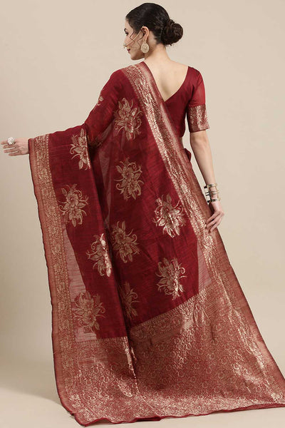 Shop Nabela Burgundy Floral Woven Linen One Minute Saree at best offer at our  Store - One Minute Saree