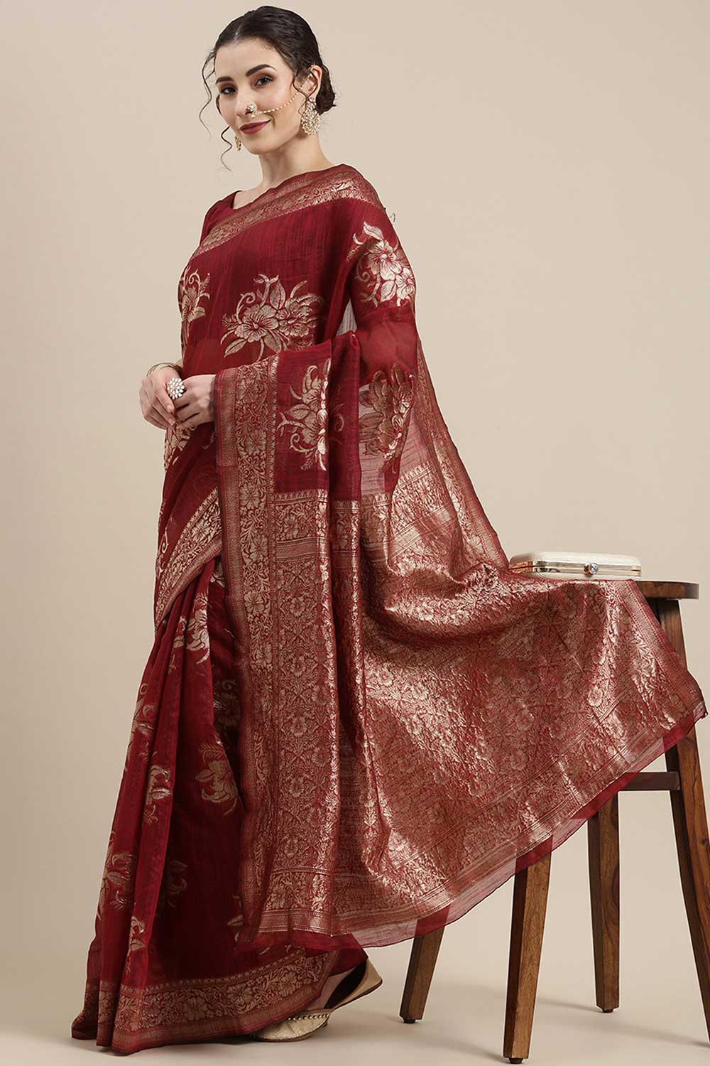 Buy Nabela Burgundy Floral Woven Linen One Minute Saree Online