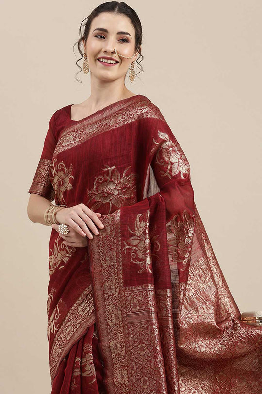 Buy Nabela Burgundy Floral Woven Linen One Minute Saree Online - Back