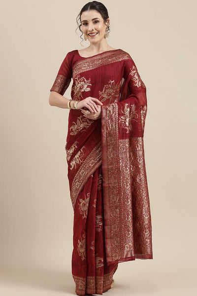Buy Nabela Burgundy Floral Woven Linen One Minute Saree Online - One Minute Saree