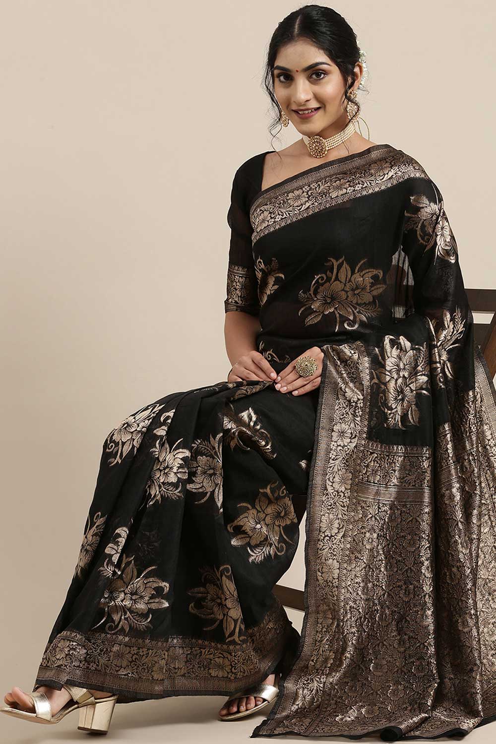 Buy Marisa Black Floral Woven Linen One Minute Saree Online