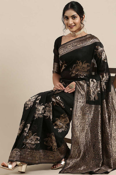 Buy Marisa Black Floral Woven Linen One Minute Saree Online