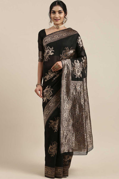 Buy Marisa Black Floral Woven Linen One Minute Saree Online - One Minute Saree