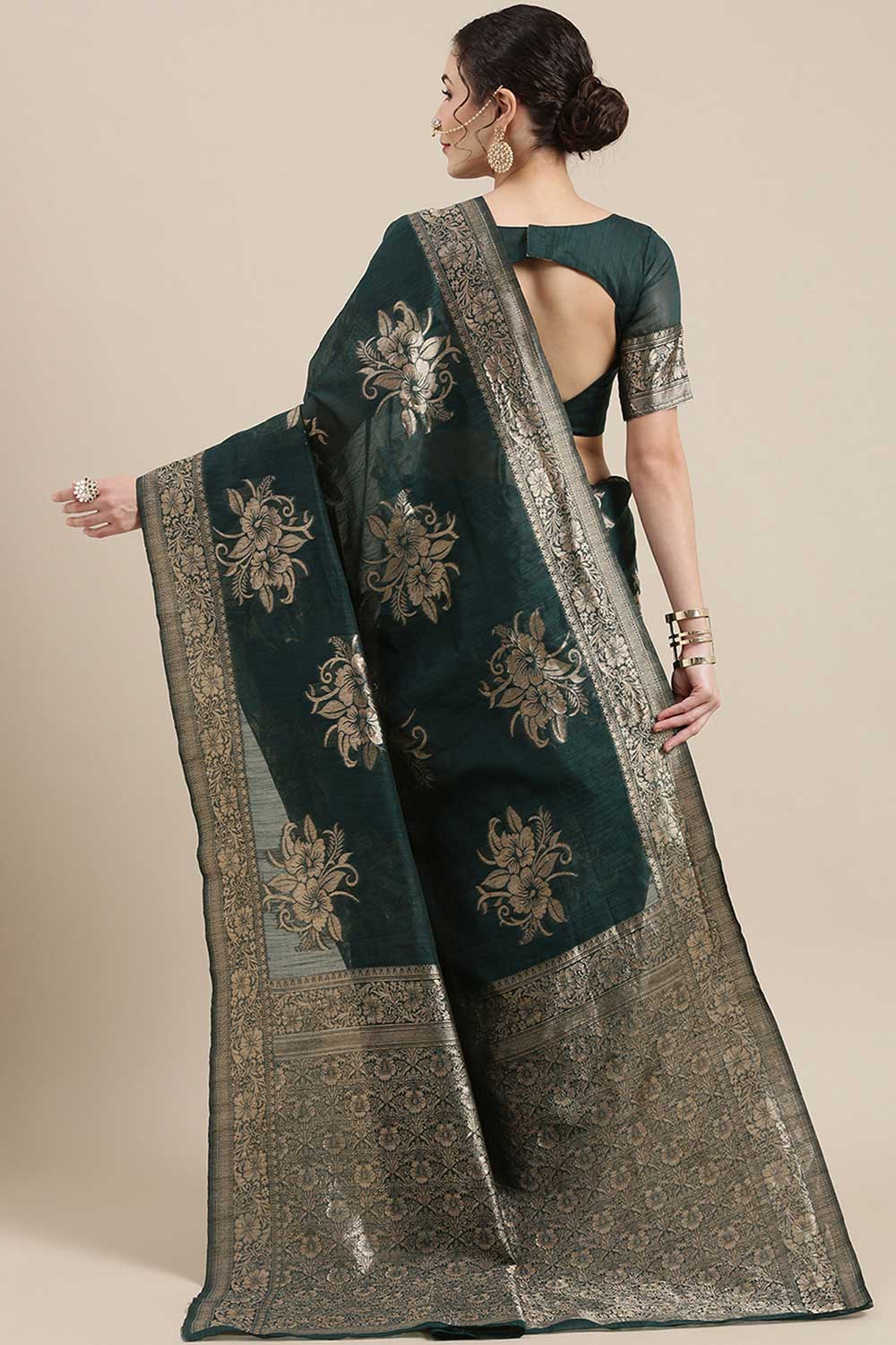 Shop Disha Teal green Floral Woven Linen One Minute Saree at best offer at our  Store - One Minute Saree