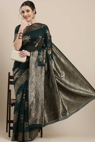 Buy Disha Teal green Floral Woven Linen One Minute Saree Online