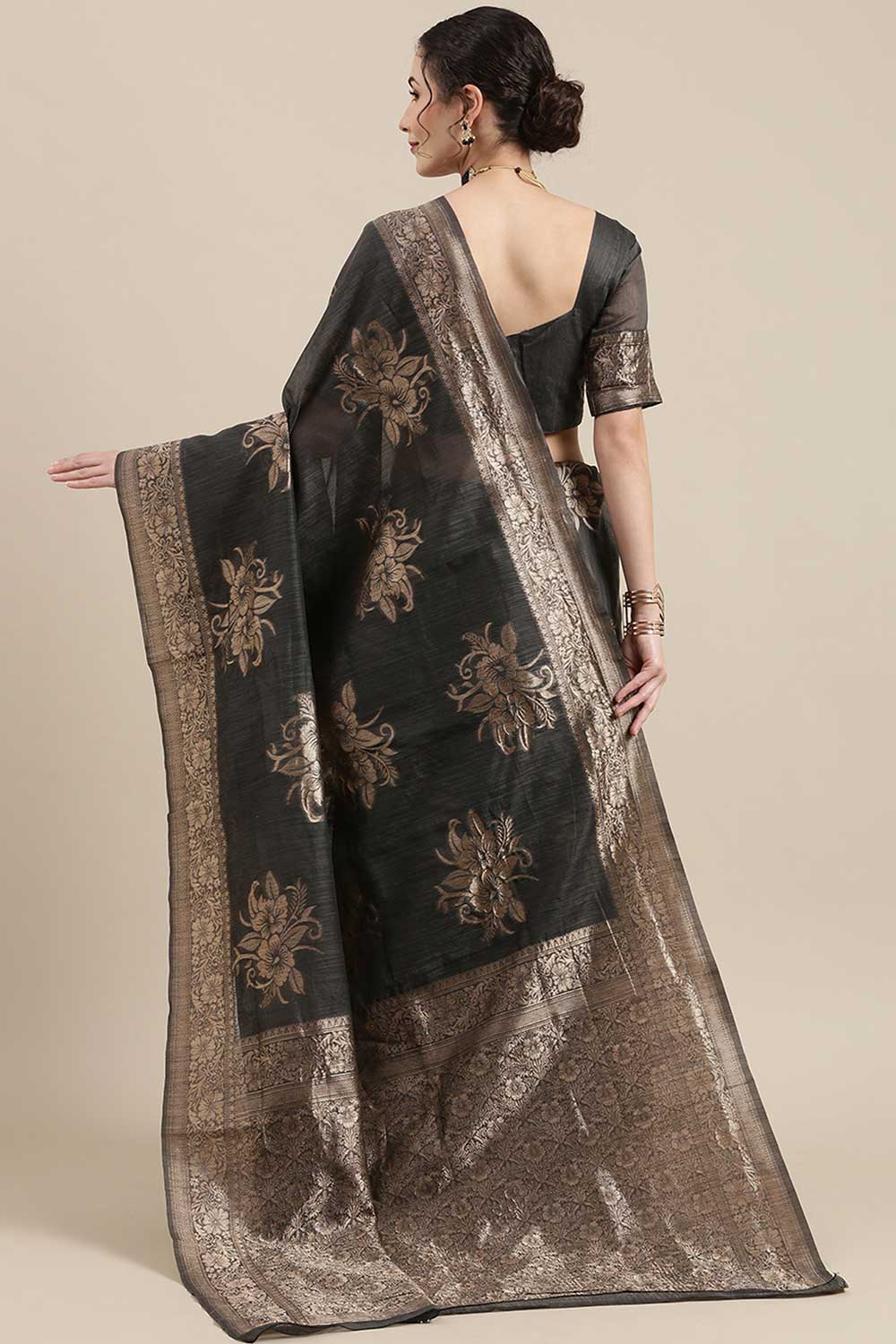 Elaine Grey Floral Woven Linen One Minute Saree