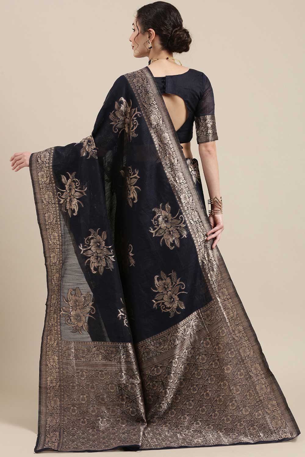 Rina Navy Blue Floral Woven Linen One Minute Saree