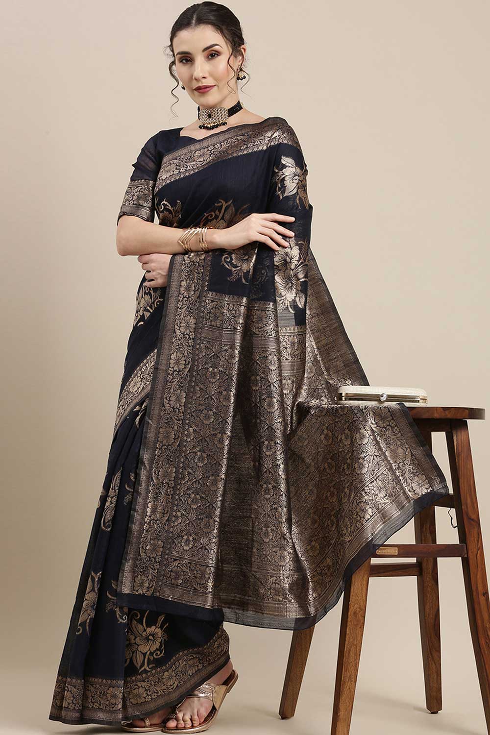 Buy Rina Navy Blue Floral Woven Linen One Minute Saree Online