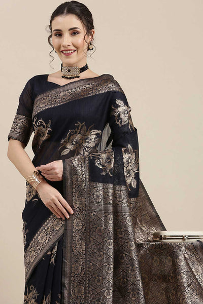 Buy Rina Navy Blue Floral Woven Linen One Minute Saree Online - Back