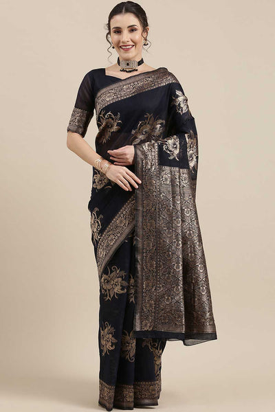 Buy Rina Navy Blue Floral Woven Linen One Minute Saree Online - One Minute Saree