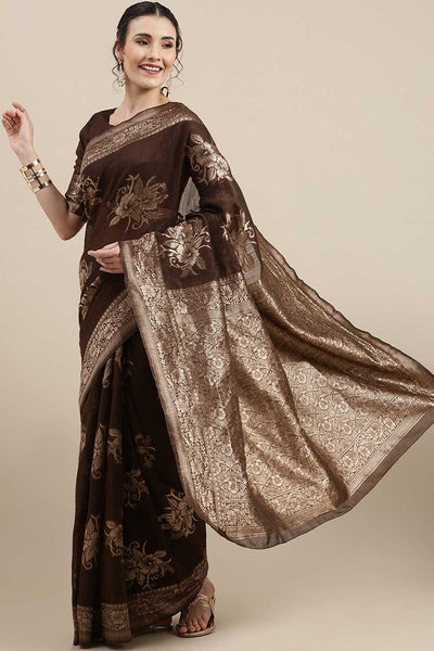 Buy Falsa Brown Floral Woven Linen One Minute Saree Online