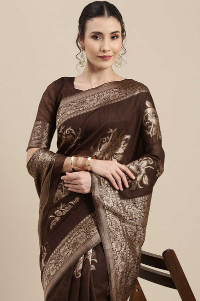 Buy Falsa Brown Floral Woven Linen One Minute Saree Online - Back