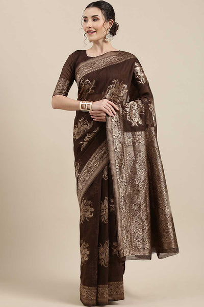 Buy Falsa Brown Floral Woven Linen One Minute Saree Online - One Minute Saree