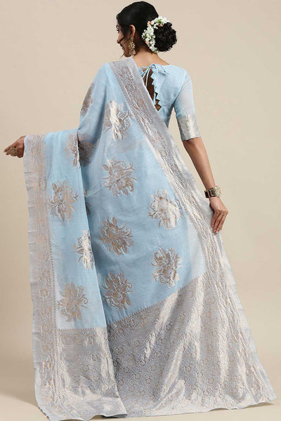 Trina Turquoise Floral Woven Linen One Minute Saree