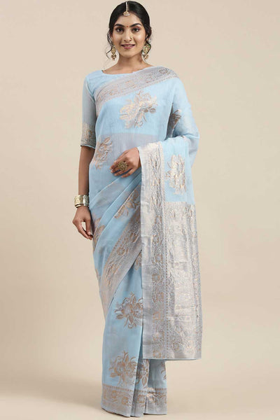 Buy Trina Turquoise Floral Woven Linen One Minute Saree Online - One Minute Saree