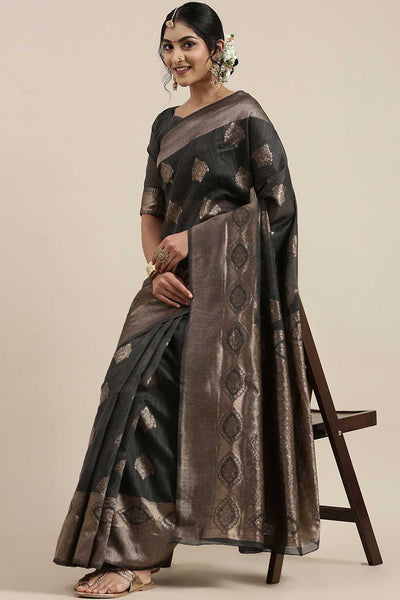 Buy Nadya Grey Floral Woven Linen One Minute Saree Online