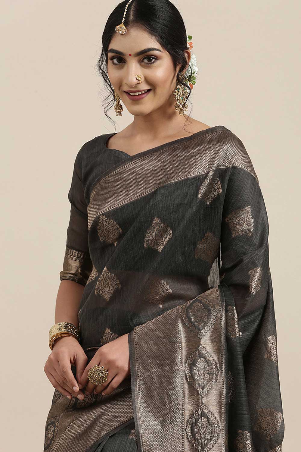 Nadya Grey Floral Woven Linen One Minute Saree