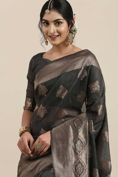 Buy Nadya Grey Floral Woven Linen One Minute Saree Online - Back