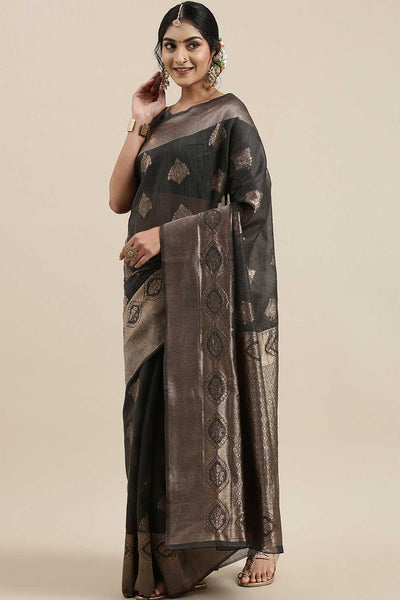 Buy Nadya Grey Floral Woven Linen One Minute Saree Online - One Minute Saree