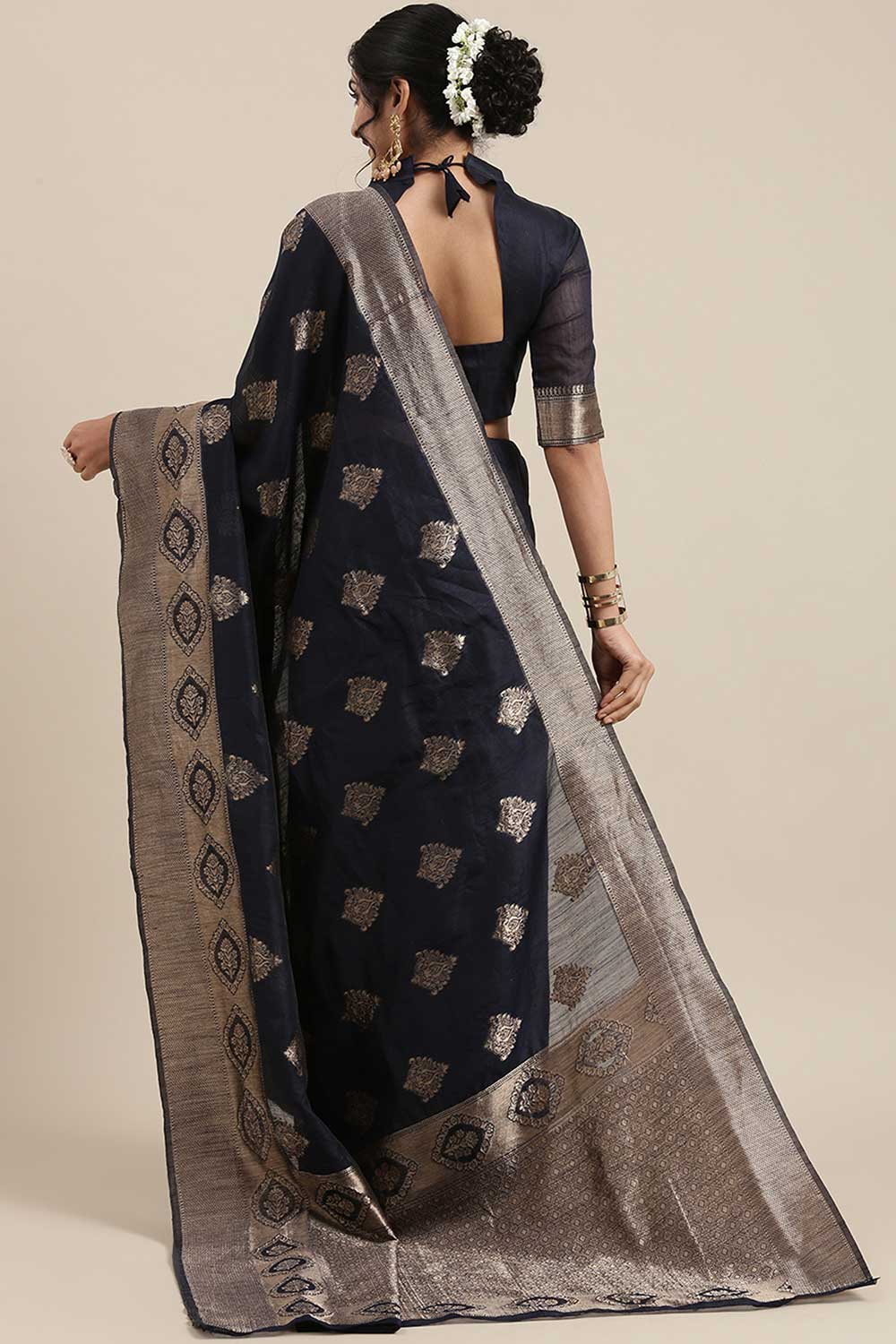 Omala Navy Blue Floral Woven Linen One Minute Saree