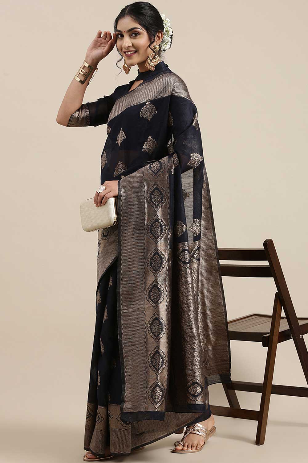 Buy Omala Navy Blue Floral Woven Linen One Minute Saree Online