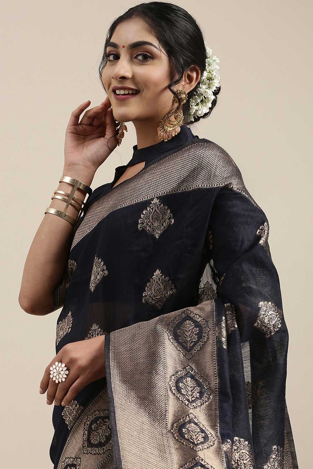 Buy Omala Navy Blue Floral Woven Linen One Minute Saree Online - Back