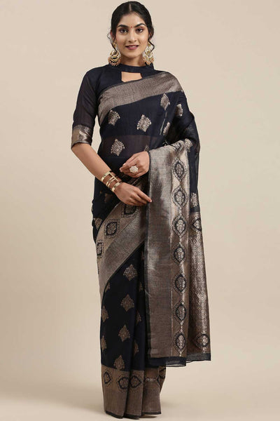Buy Omala Navy Blue Floral Woven Linen One Minute Saree Online - One Minute Saree