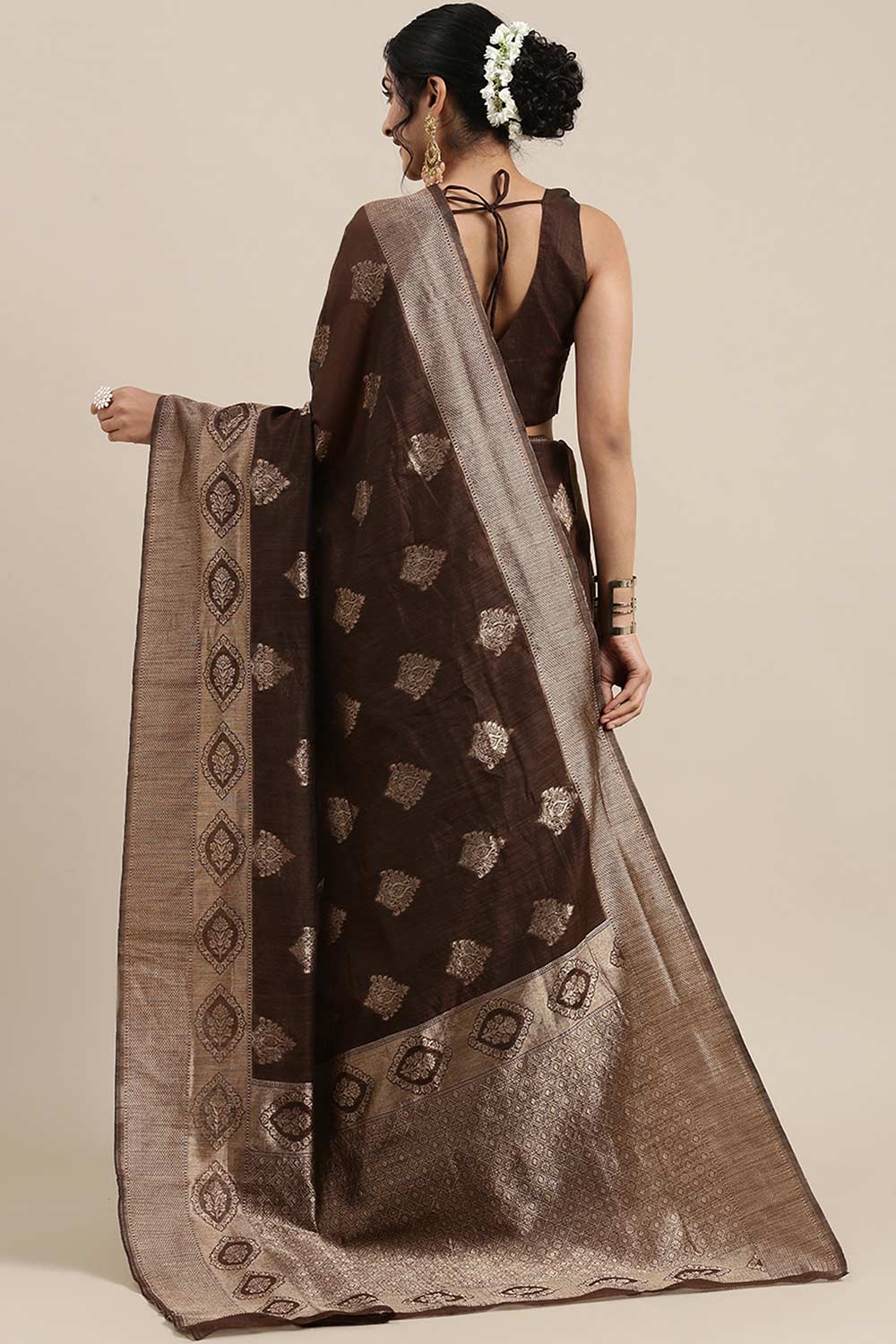 Shop Emara Brown Linen Floral Woven Design Banarasi One Minute Saree at best offer at our  Store - One Minute Saree