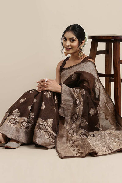 Buy Emara Brown Linen Floral Woven Design Banarasi One Minute Saree Online
