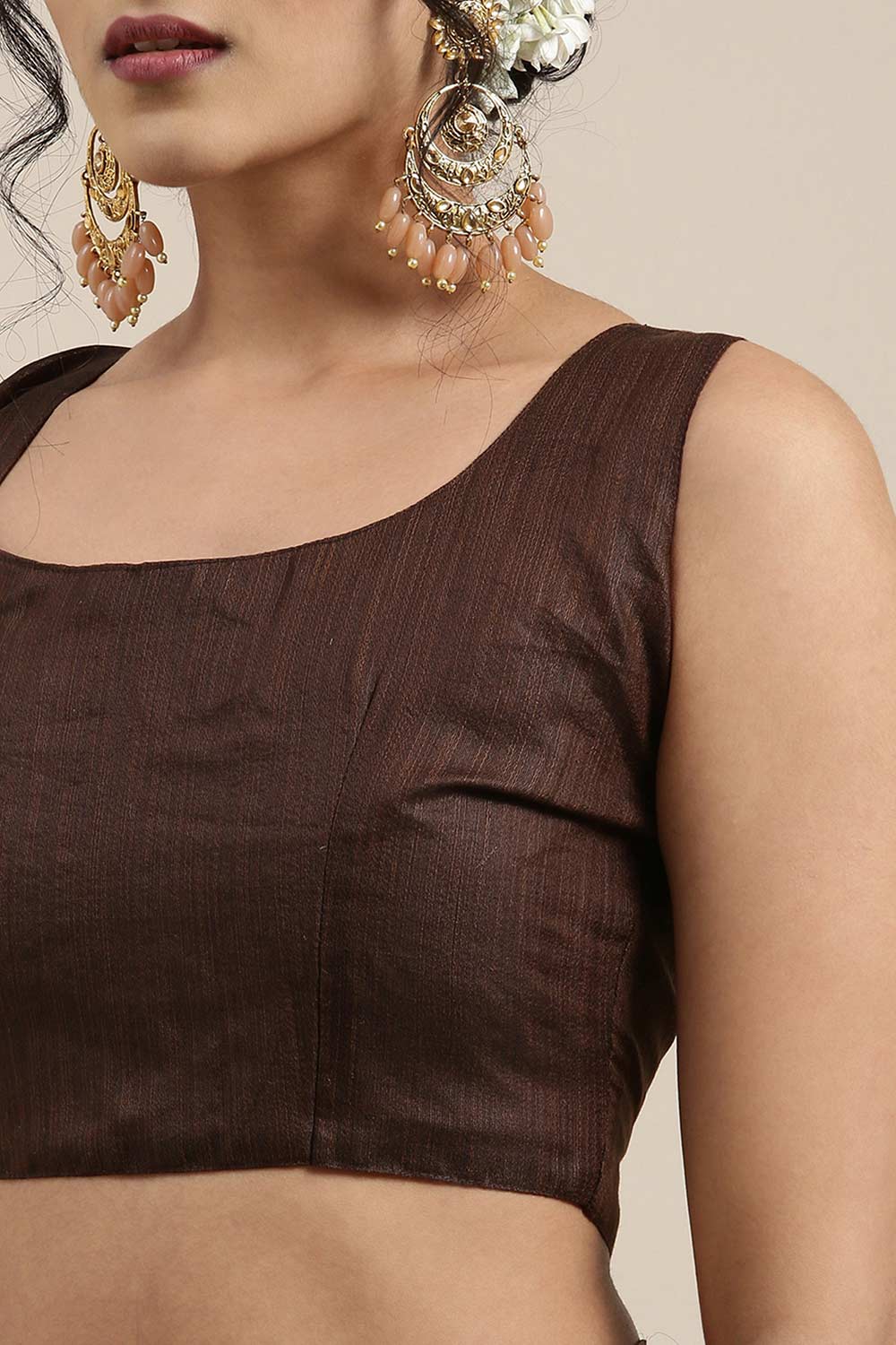 Buy Emara Brown Linen Floral Woven Design Banarasi One Minute Saree Online - Side