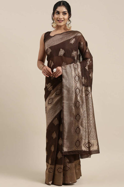Buy Emara Brown Linen Floral Woven Design Banarasi One Minute Saree Online - One Minute Saree