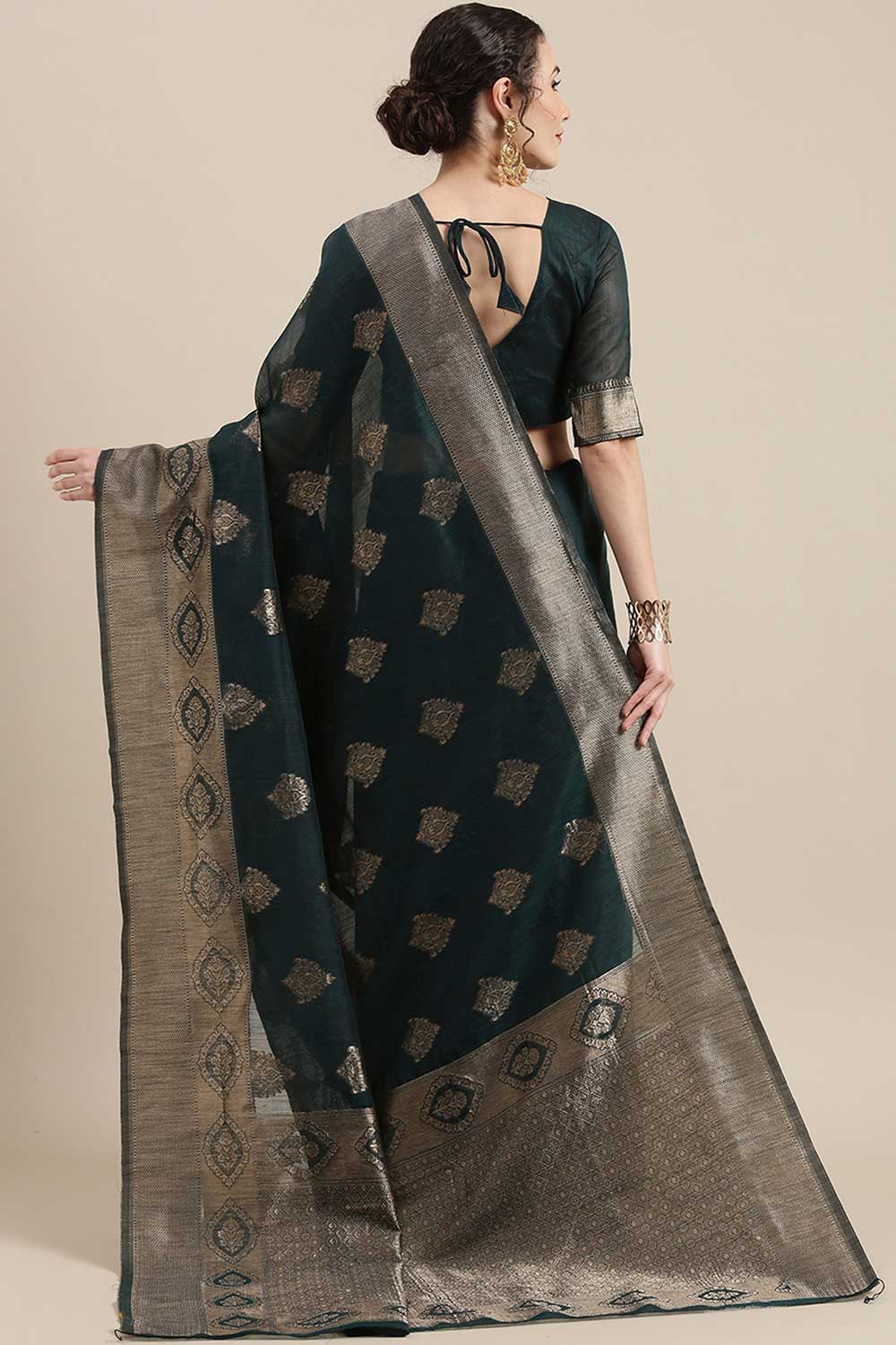 Shop Amara Green Floral Woven Linen One Minute Saree at best offer at our  Store - One Minute Saree