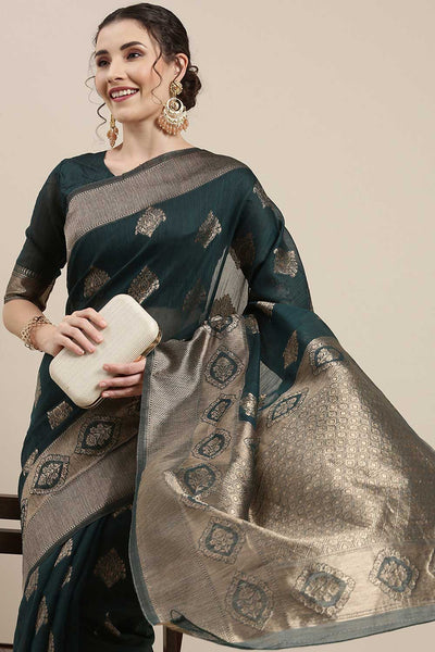 Buy Amara Green Floral Woven Linen One Minute Saree Online - Back