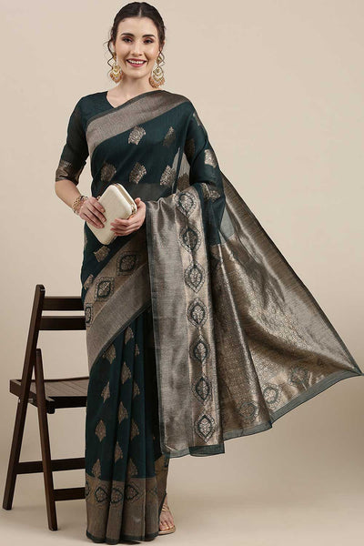 Buy Amara Green Floral Woven Linen One Minute Saree Online - One Minute Saree