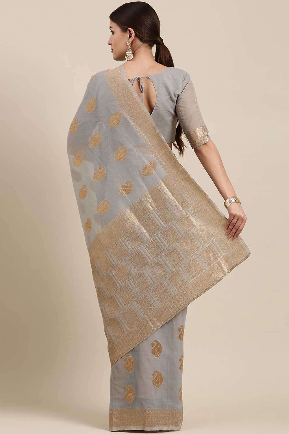 Shop Zoey Grey Bagh Blended Linen One Minute Saree at best offer at our  Store - One Minute Saree