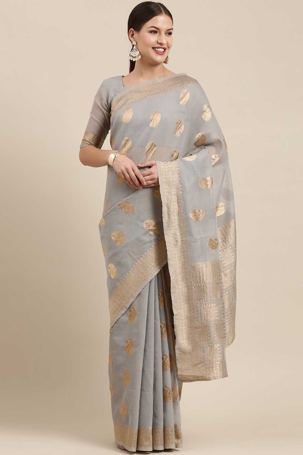 Buy Zoey Grey Bagh Blended Linen One Minute Saree Online