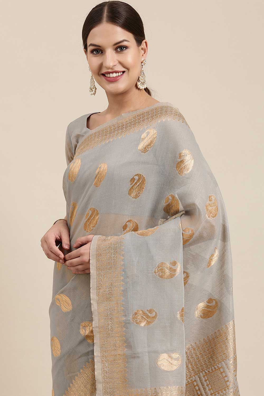 Buy Zoey Grey Bagh Blended Linen One Minute Saree Online - Back