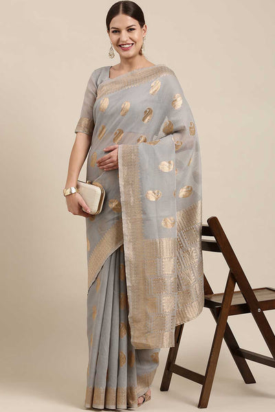 Buy Zoey Grey Bagh Blended Linen One Minute Saree Online - One Minute Saree
