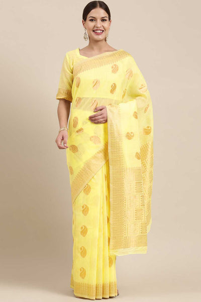 Buy Joyce Lemon Yellow Bagh Blended Linen One Minute Saree Online - One Minute Saree