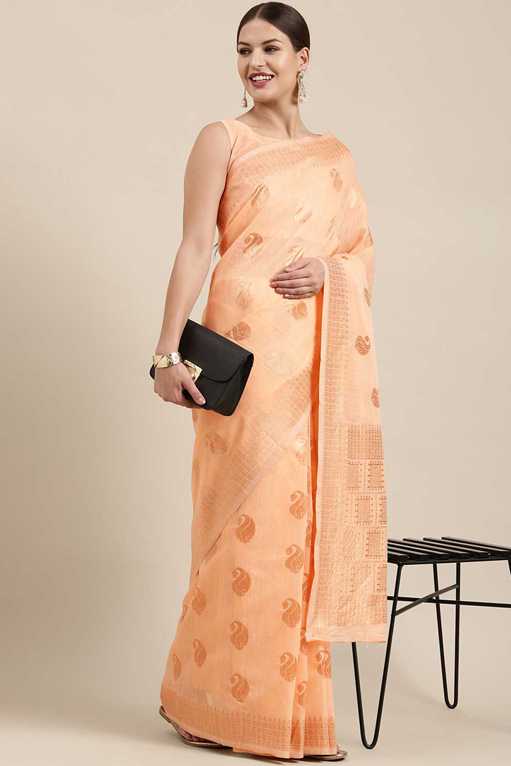 Buy Brina Peach Bagh Blended Linen One Minute Saree Online