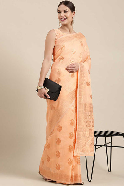 Buy Brina Peach Bagh Blended Linen One Minute Saree Online