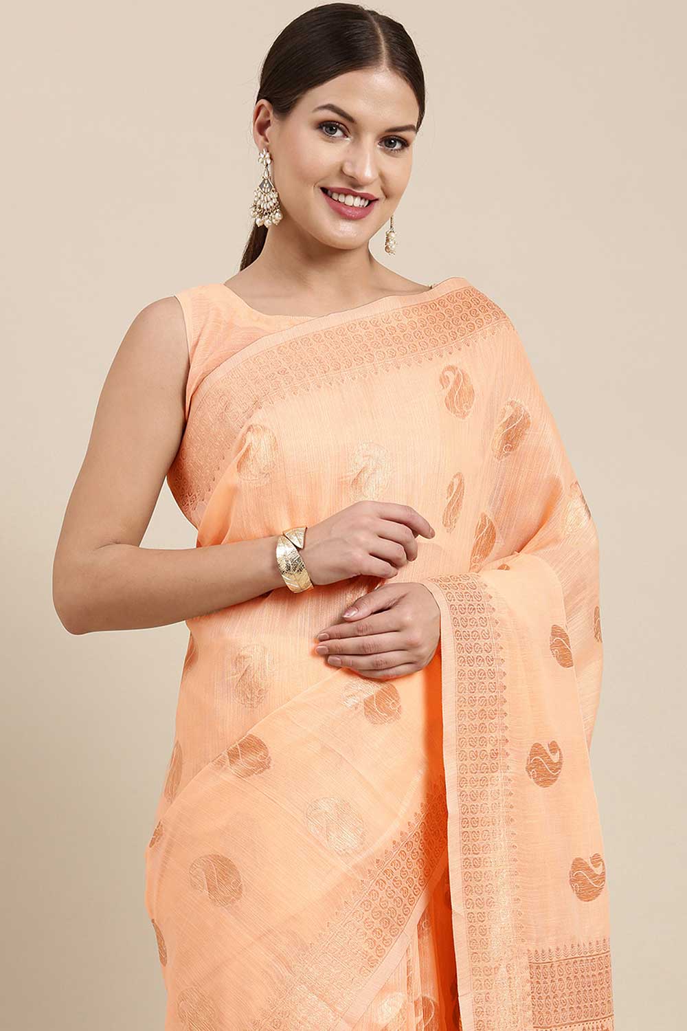 Buy Brina Peach Bagh Blended Linen One Minute Saree Online - Back
