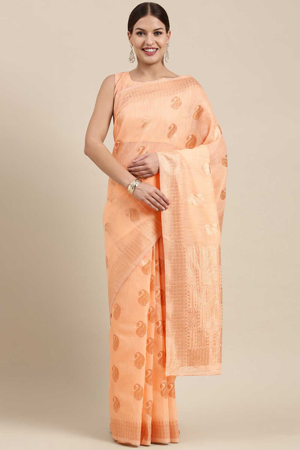 Buy Brina Peach Bagh Blended Linen One Minute Saree Online - One Minute Saree